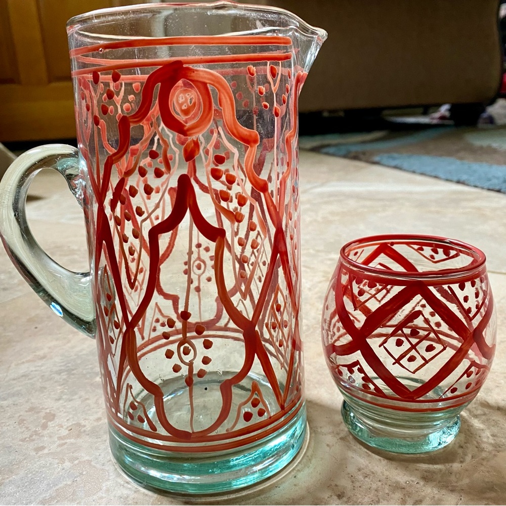 🆕 Hand Blown Handpainted Glass Pitcher & Small Glass